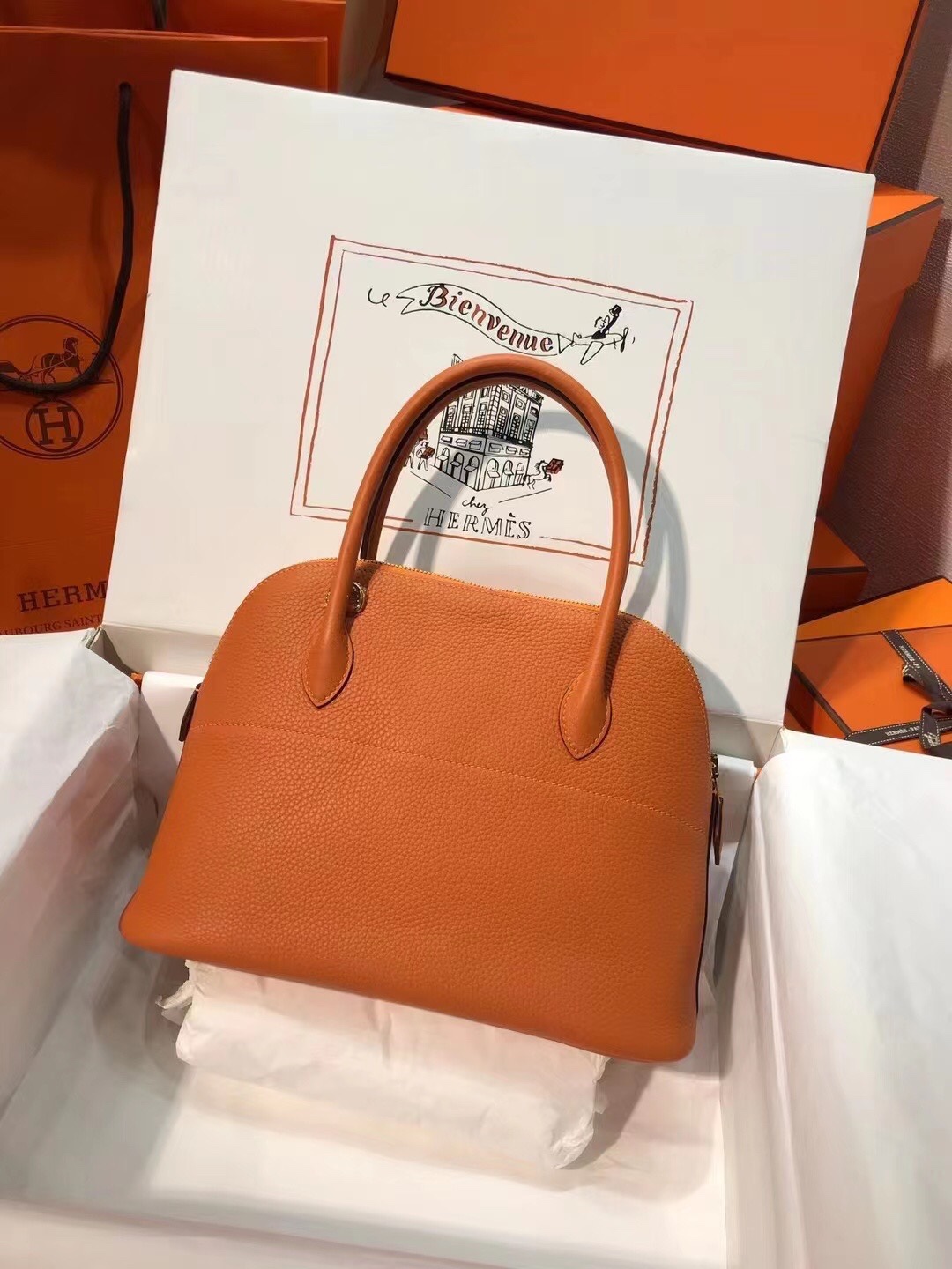 Hermes Bolide 27cm Handbag In Orange Clemence Leather